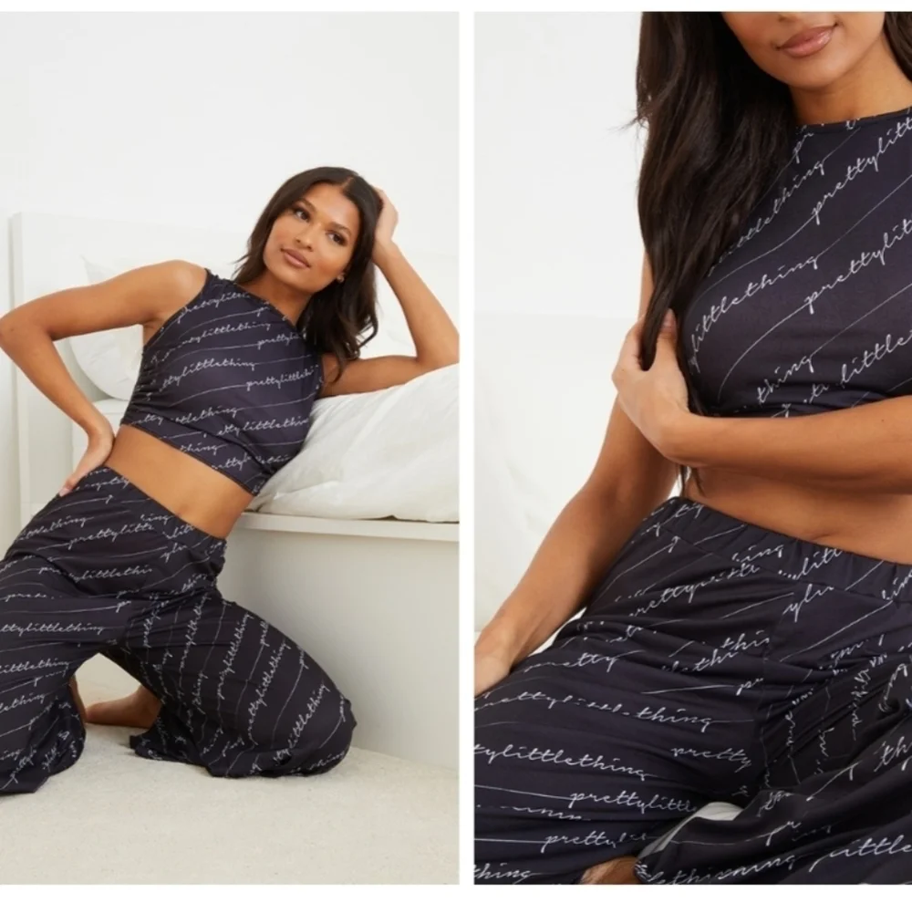 NWT PrettyLittleThing Lounge Set Grey Script Crop Top And Wide Leg Pants‎ 2 XS
